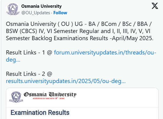 Osmania University (OU) Degree Results 2025
